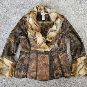 Cache Vintage 90's Brown Faux Leather Rose Embossed Print Faux Fur Trim Coat L